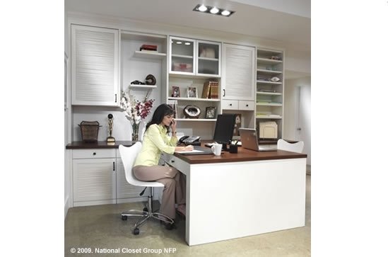 shared workspace, home office for two, custom home office in white