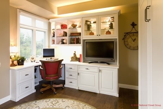 custom home office in white, bookshelves, upper cabinet, lower cabinet, desk, desktop, chair