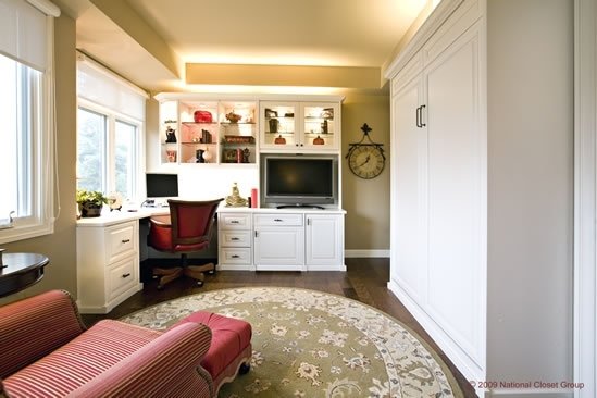 custom home office in white, upper cabinets, lower cabinets, desk, chair, monitor