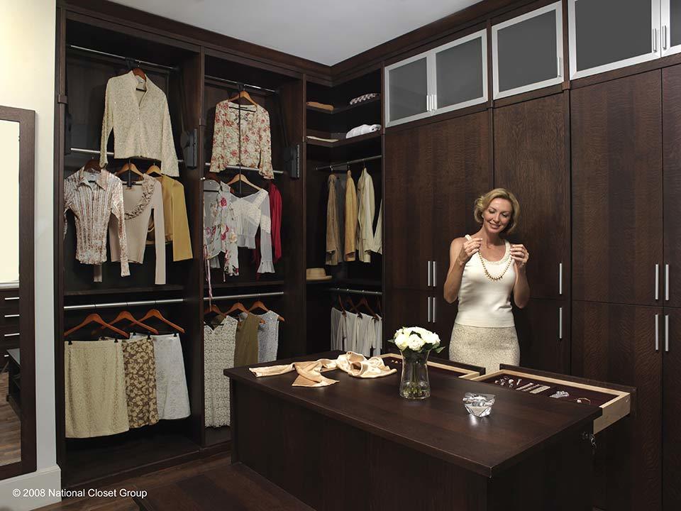 custom walk in closet, jewelry, drawers, lady getting ready